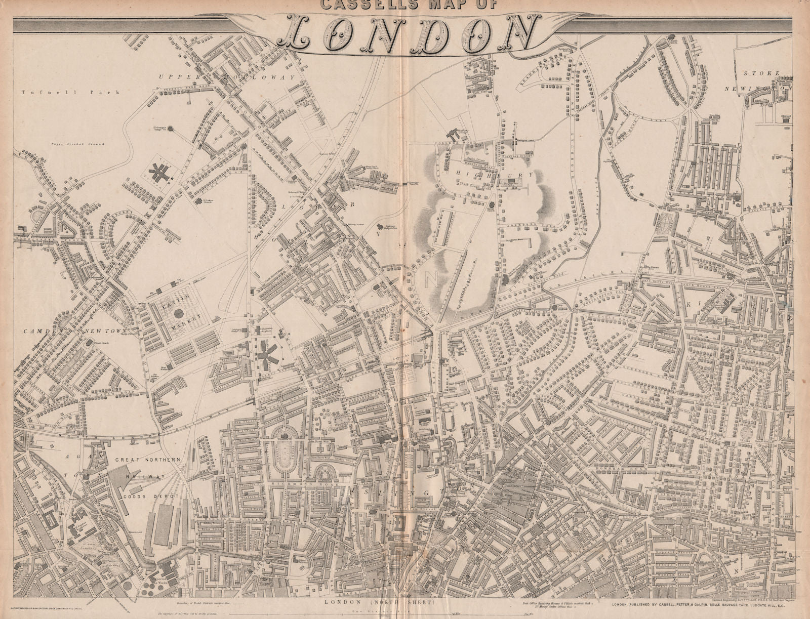 'CASSELLS LONDON N. Holloway Camden islington Highbury Hoxton. WELLER 1862 map